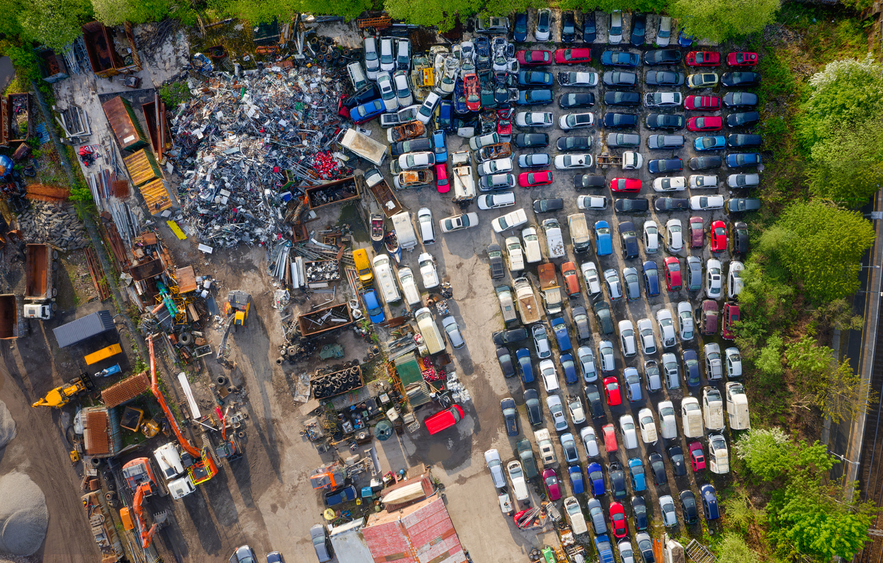 Car compound for scrap metal recycling viewed from above